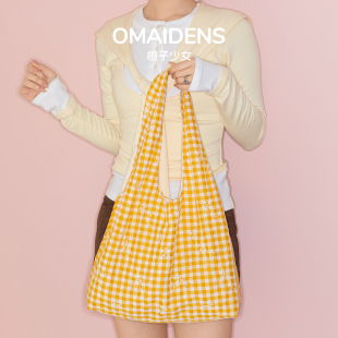 橙子少女黄色格子帆布包女手提托特包大容量女休闲学生通勤托特包