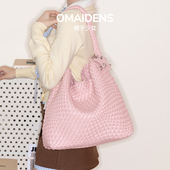 橙子少女韩国小众柔雾粉皮质编织包女2026新款 时尚 大容量托特包包