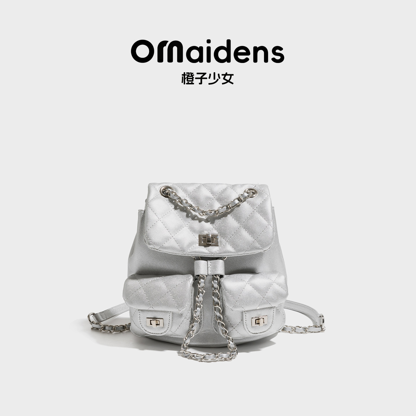 橙子少女宅女同款菱格链条双肩包图片