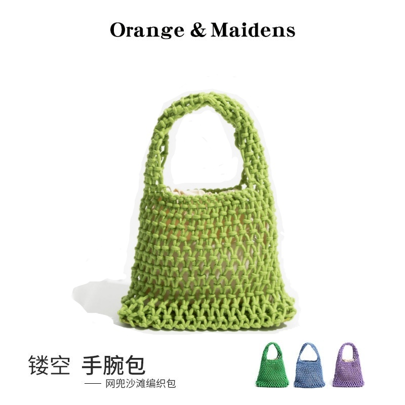 绿色手提托特包棉绳编织草编包