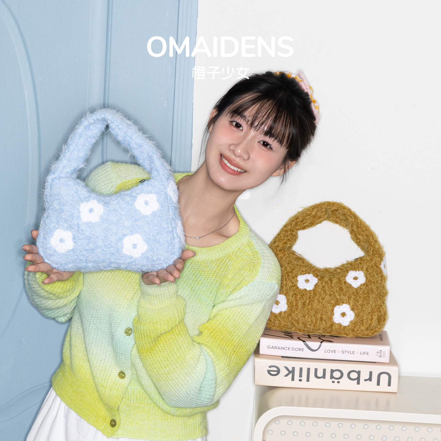 橙子少女花朵腋下包针织毛绒包包女式2025新款多巴胺手拎包圣诞包,箱包皮具/热销女包/男包,手拿包,淘宝优惠券,粉丝福利购,淘宝优惠卷