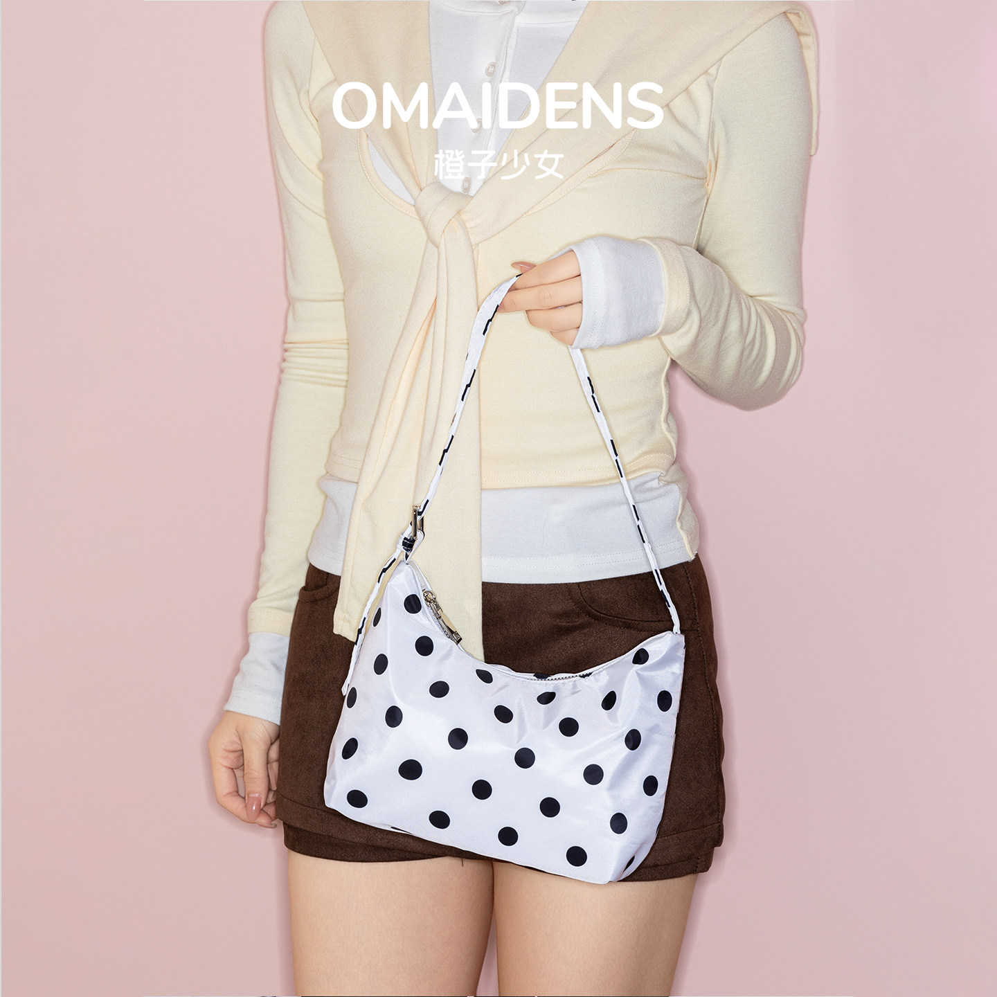 橙子少女韩系ins设计感黑白波点腋下包女时髦百搭饺子包手提单肩,箱包皮具/热销女包/男包,腋下包,淘宝优惠券,粉丝福利购,淘宝优惠卷
