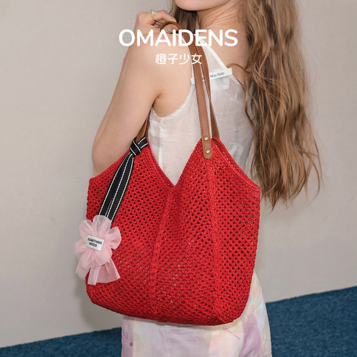 橙子少女红色针织包海边度假沙滩包大容量时髦出游通勤百搭单肩包