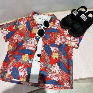 男宝宝夏天海边走秀演出服个性短袖花衬衫薄款中小童炸街上衣洋气