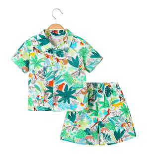 男童夏季沙滩短袖套装2026新款儿童旅游度假夏威夷岛服宝宝花衬衫