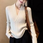 女高级感修身 正品 哥家新2026春秋温柔风V领绞花针织衫 气质毛衣