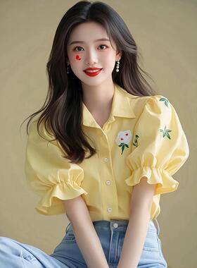正品哥家新2025季多巴胺奶黄色泡泡袖花朵印花短袖衬衫洋气上衣女