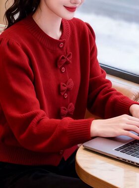 正品哥家新2026春季复古红色蝴蝶结针织开衫女软糯长袖减龄毛衣