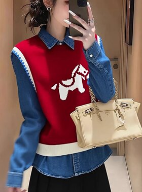 正品哥家新2026春季红色小马刺绣针织马甲女通勤风外搭叠穿上衣