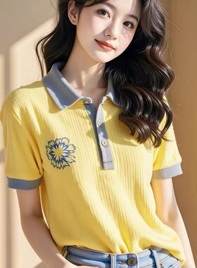 正品哥家新2025年夏季新款黄色Polo领短袖衬衫女时尚撞色花朵T恤