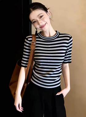 正品哥家新2026夏季时尚条纹短袖针织衫通勤百搭修身半袖上衣女