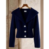 正品 毛衣 女收腰短款 哥家新2025冬季 老钱风藏青色海军领针织开衫