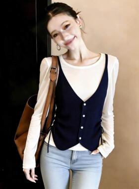 正品哥家新2026春秋季假两件撞色羊毛针织衫设计感抽绳收腰上衣