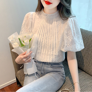 新款 韩版 百搭立领灯笼袖 正品 蕾丝衫 2025夏季 短袖 女上衣 哥家新女装