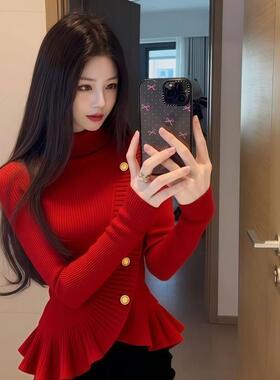 正品哥家新2025冬季韩系红色荷叶边高领掐腰针织衫洋气减龄毛衣