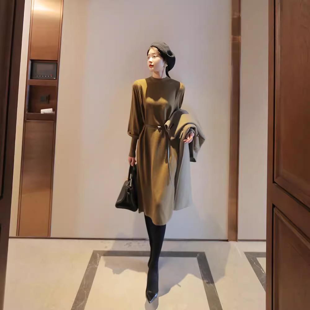 哥弟阿玛施正配大衣配腰带连衣裙