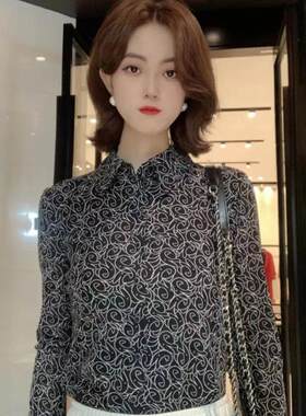 哥家新2025年春秋季新款时尚百搭翻领弹力网纱印花长袖衬衫女