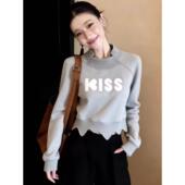 正品 上衣 毛衣女灰色字母印花长袖 哥家新2026春秋不规则修身 短款