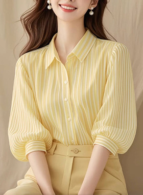 正品哥家新2025春夏季新款黄色polo领竖条纹衬衫灯笼七分袖防晒衫