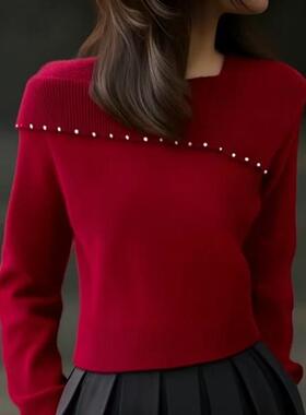 正品哥家新2025冬季红色高级感减龄一字肩珍珠装饰针织衫女毛衣