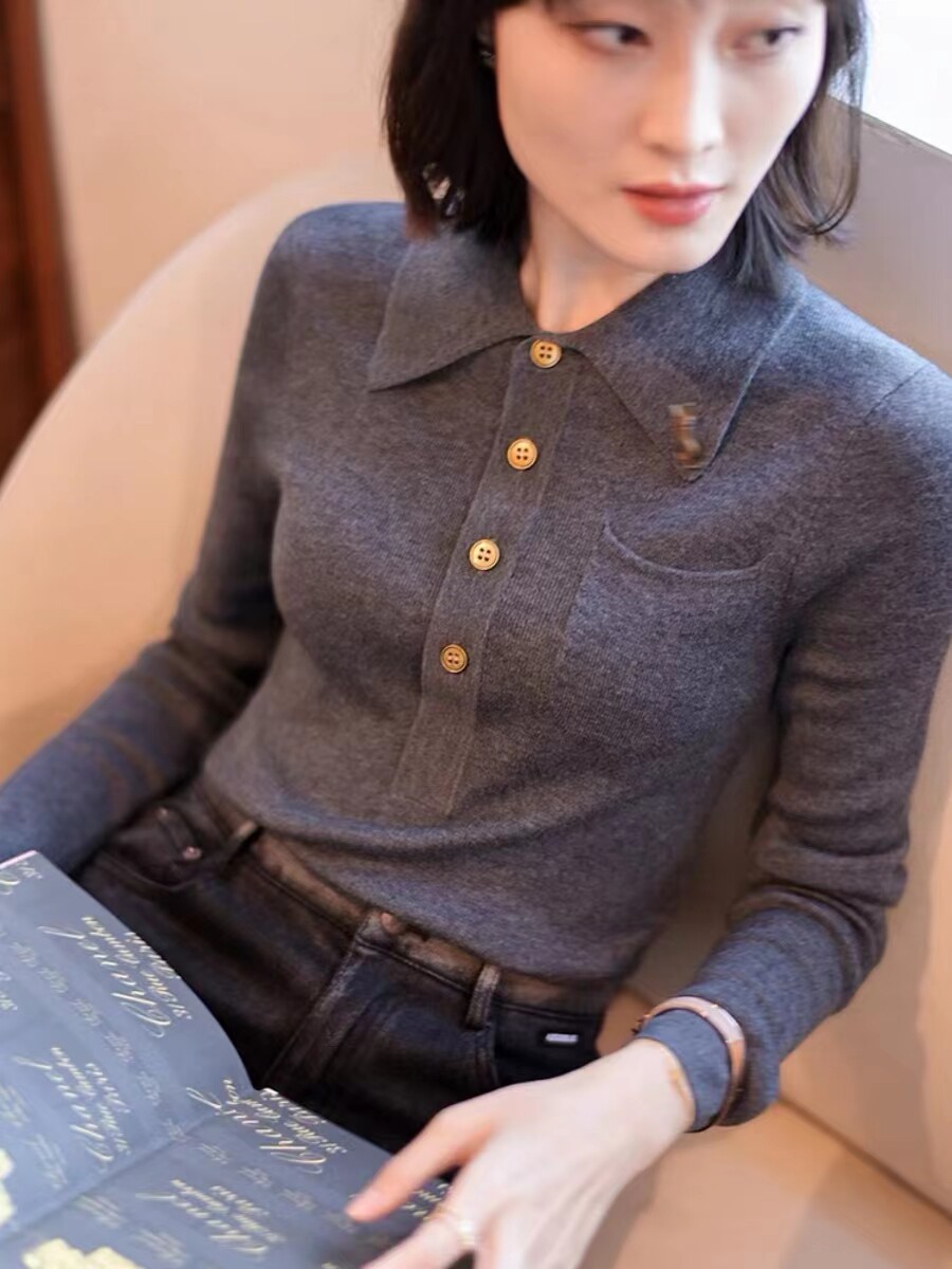 白领哥弟新2025春秋新款polo领内搭羊毛打底针织衫衬衫女上衣
