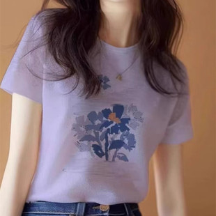 t恤遮肉显瘦上衣女 白领哥弟新2025夏季 新款 小众时尚 紫色正肩短袖