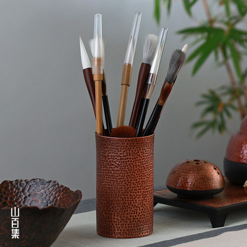 收纳笔筒手工捶纹紫铜摆件