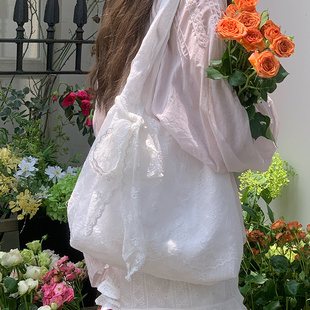 韓系小清新蕾絲花朵帆布包女大容量溫柔仙女單肩托特包通勤腋下包