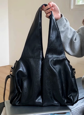 美式复古油蜡皮大容量托特包黑色质感百搭单肩腋下包通勤斜挎包