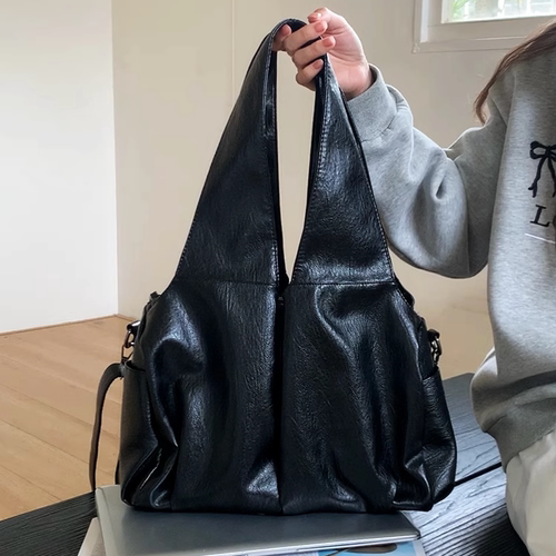 美式复古黑色油蜡皮大容量托特包