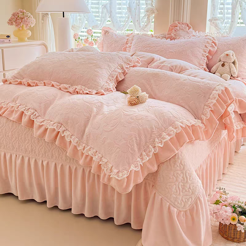 四件套牛奶绒2025新款高档紫色花边公主风加厚保暖床笠款床盖款
