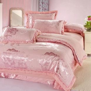 四件套纯棉全棉新款欧式粉色贡缎提花被套棉床单轻奢高级感主卧室