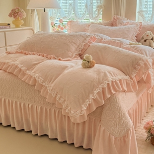 四件套牛奶绒2025新款床盖款床笠款高端粉色花边公主风加厚保暖