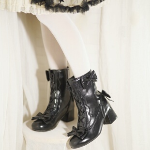 甜涩鹿角 秋冬优雅原创Lolita复古短靴甜美蝴蝶结少女中跟中筒靴