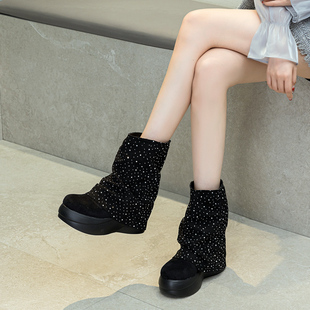 秋冬加绒时尚裤管靴女2025冬季新款中筒堆堆靴小个子厚底松糕短靴