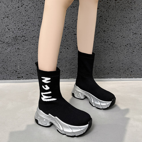 厚底高跟弹力袜靴舒适针织短靴女