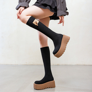 2025秋冬新款厚底高筒袜子靴冬季针织弹力瘦瘦靴女小个子高跟长靴