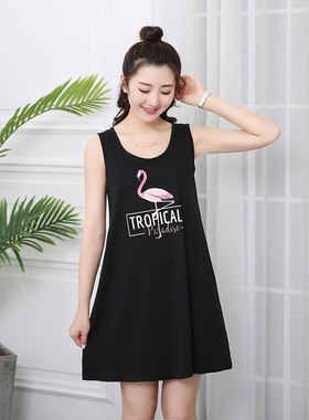 连衣裙女士无袖宽松纯棉大码显瘦A字打底裙子背心裙印花宽松