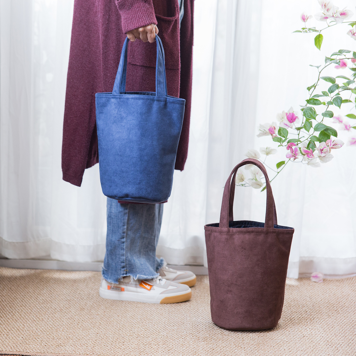 文艺复古麂皮绒手提水桶包