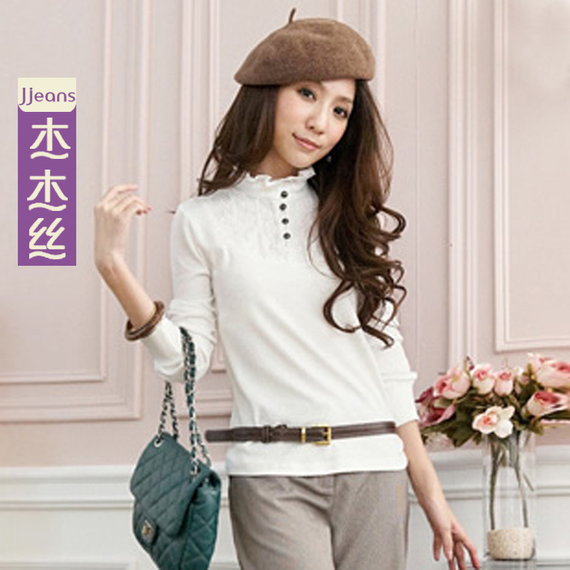 依戀7 杰杰絲女裝 韓版花邊小立領(lǐng)長袖打底衫百搭T恤常規(guī)純色春季