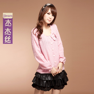 思味2 杰杰丝女装 韩甜美花瓣领口钩花毛衣花苞针织开衫 秋装 款