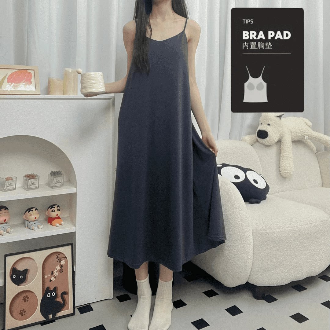 2026新款夏季莫代尔吊带长裙夏天可外穿法式纯色带胸垫睡裙女款