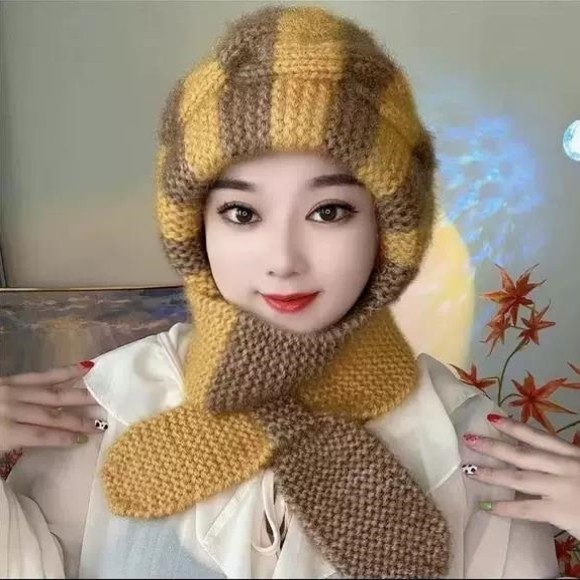 新款棋盘编织风雪帽加厚秋冬帽子松鼠女士纯手工保暖围巾针织一体