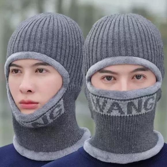 冬季男帽子毛线帽加绒加厚保暖套头骑车护耳防风针织帽护耳面罩