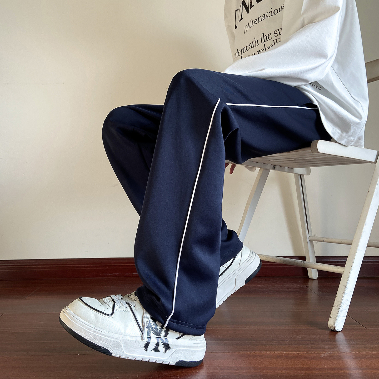 藏青夏季薄直筒两条杠校服裤