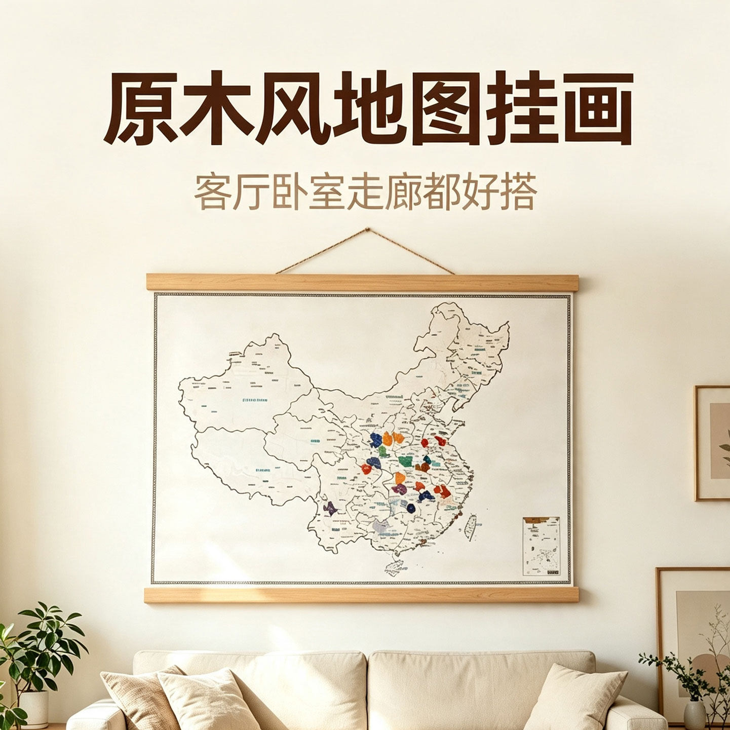 原木风手绘中国地图挂画
