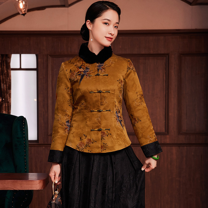 玺玥2021年秋冬新款中国风花罗香云纱夹棉加厚短款唐装上衣外套