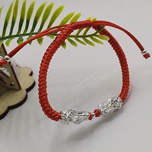足银999纯银貔貅红绳编绳手链3D硬银足银麒麟男女情侣手绳百搭