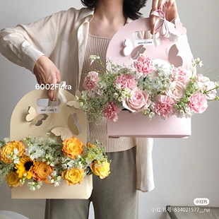 手提花盒教师节玫瑰花束包装礼盒蝴蝶花盒花艺插花盒鲜花手提袋