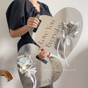 教师节花盒银色爱心手提插花盒单支玫瑰花束包装盒心形鲜花手提袋